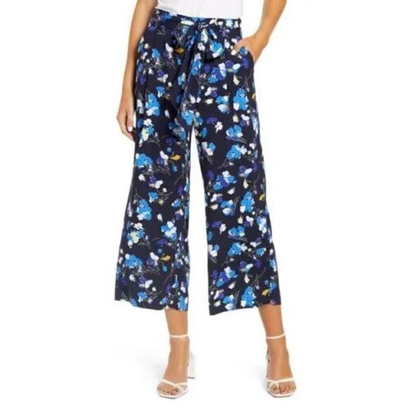Halogen Crop Pants Wide Leg Black Blue White Floral Elastic Waist Belt 1X - Picture 11 of 14